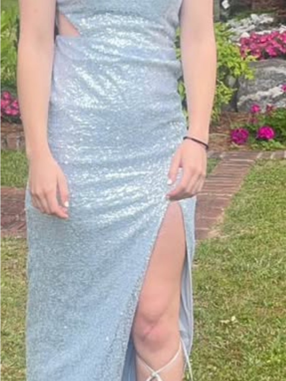 Silver Sequin Side-Slit Evening Dress